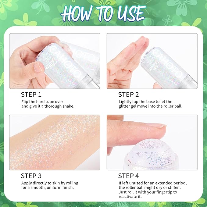 CAHOTO Green Rolling Glitter for Face Body & Hair, Roll-on Sequins for St. Patrick's Day, Sparkling Accessories for Christmas Concert Rave Festival Halloween Party Mardi Gras Carnival, 1.35fl.oz