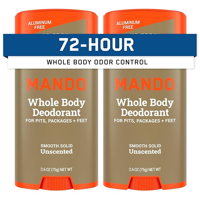 Mando Whole Body Deodorant For Men - Smooth Solid Stick - 72 Hour Odor Control - Aluminum Free, Baking Soda Free, Skin Safe - 2.6 Ounce (Pack of 2) - Unscented