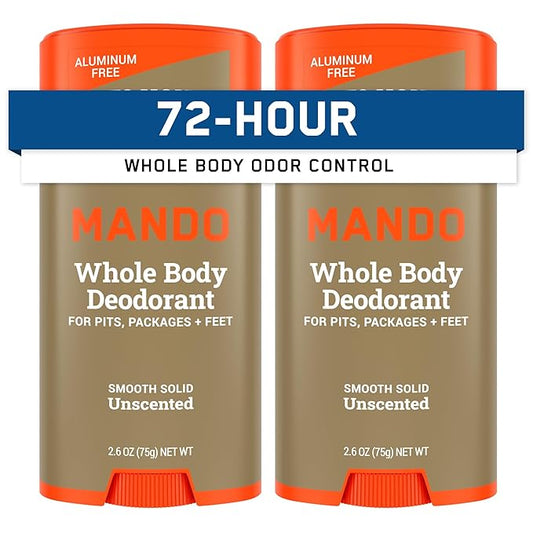 Mando Whole Body Deodorant For Men - Smooth Solid Stick - 72 Hour Odor Control - Aluminum Free, Baking Soda Free, Skin Safe - 2.6 Ounce (Pack of 2) - Unscented
