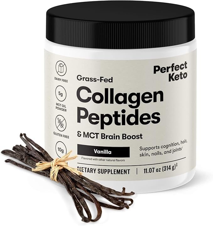 Perfect Keto Collagen Peptides Protein Powder with MCT Oil, Grass Fed, Hydrolyzed Collagen, Type I & III Supplement, Keto Coffee Creamer, Vanilla