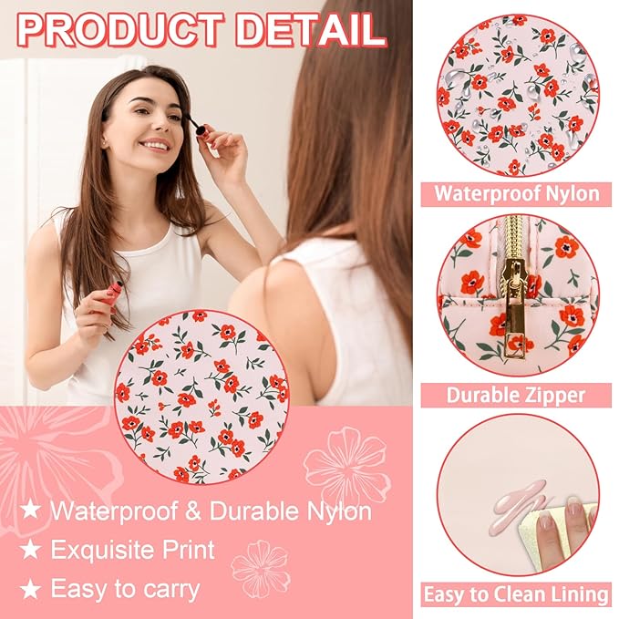Waterproof Small Floral Pencil Case Makeup Bag for Purse,Cute Flower Pencil Pouch Preppy Nylon Makeup Brush Holder with Zipper,Girls Portable Storage Case Small Pen Bag for Work(Slim Pink-Flowers)