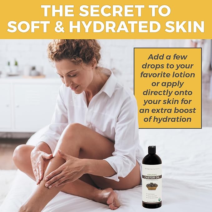 Viva Naturals Organic Castor Oil, Cold-Pressed, 16 fl oz – For Face, Hair, Eyelashes, USDA Organic, Non-GMO - With Beauty Kit