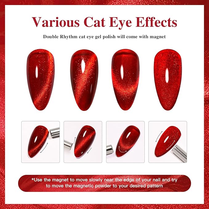 Double Rhythm Jelly Glass Cat Eye Gel Polish with Magnet 15ML Holographic Glitter Shimmer Translucent Sheer Color Magnetic Nail Polish Salon DIY at Home (Blood Red-MC1107)