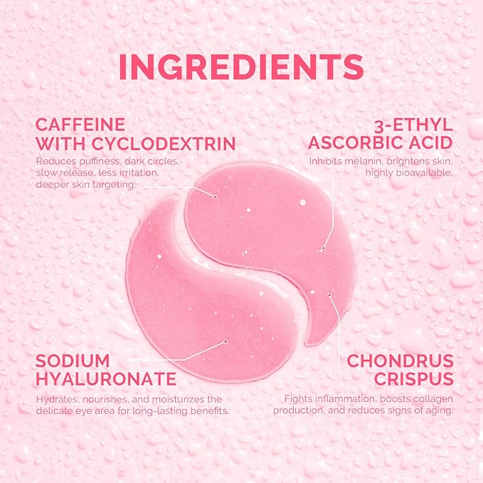 Under Eye Patches for Dark Circles: Caffeine Gel Masks for Puffiness Undereye Bags Wrinkles - Instant Brightening Moisturizing Skin Treatment Pads - Gift for Mom Traveler Night Worker, 30 Pairs (Pink)