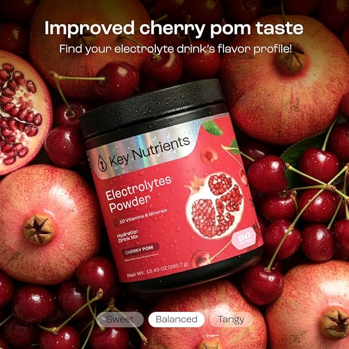 KEY NUTRIENTS Multivitamin Electrolytes Powder No Sugar - Sweet Cherry Pom Electrolyte Powder - Endurance & Energy Supplement - Hydration Powder - No Calories - 90 Servings - Made in USA