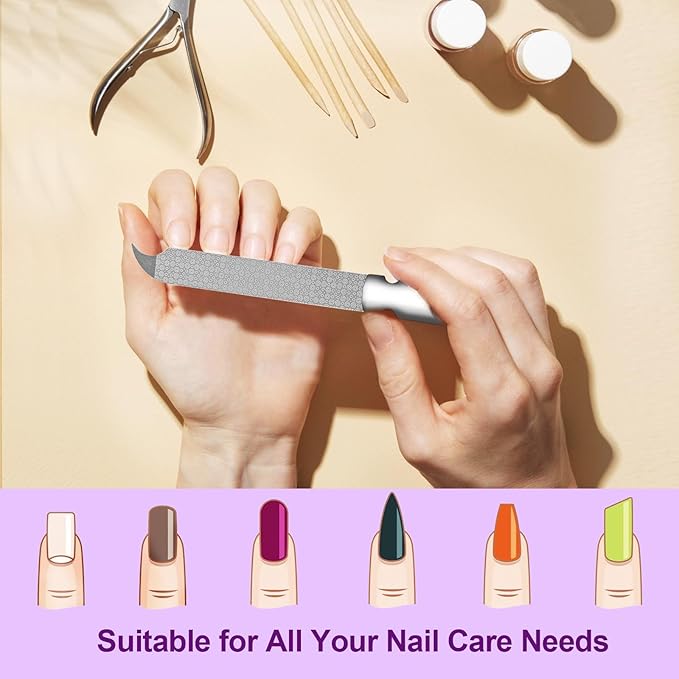 Metal Nail File for Natural Nails, Stainless Steel Nail Files with Sharp Pointed Tip Fingernail File Sheath Case Double Sided Curved Reusable Nail File Manicure Tools Home Salon Travel Use Men Women