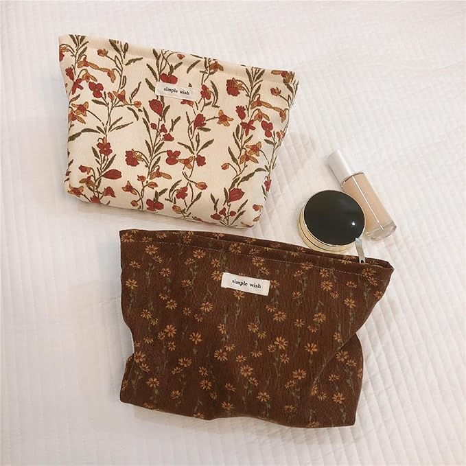 Wudygirl Cute Makeup Bag for Women - Travel Cosmetic Bag with Zipper Makeup Pouch Floral Make up Organizer Handbag Aesthetic (Brown Floral)