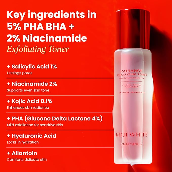 Koji White Exfoliating Toner for Face, 5% PHA BHA Toner | 2% Niacinamide, Kojic Acid & Hyaluronic Acid | Hydrating & Soothing Facial Toner | Unscented for Sensitive Skin, Vegan Skincare, 5.07 Fl Oz