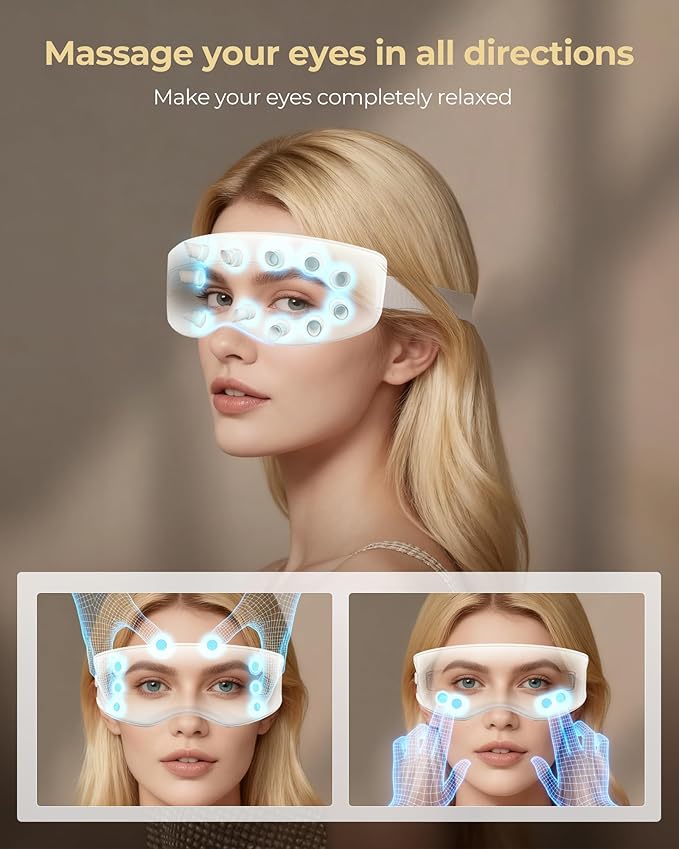 Eye Massager with Heat and Cooling, Integrated Smart Mask with Nose Rest and Soft Silicone Massage Head, 4 Massage Modes for Migraines, Dry Eye, Dark Circles,Bluetooth Music, Gift for Women (White)