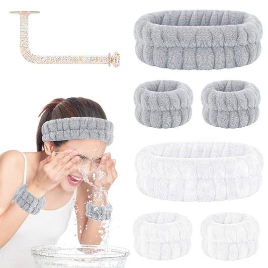 Face Washing Headband and Wristband Set of 2, Microfiber Spa Wristbands with Holder, Absorbent Wrist Scrunchies