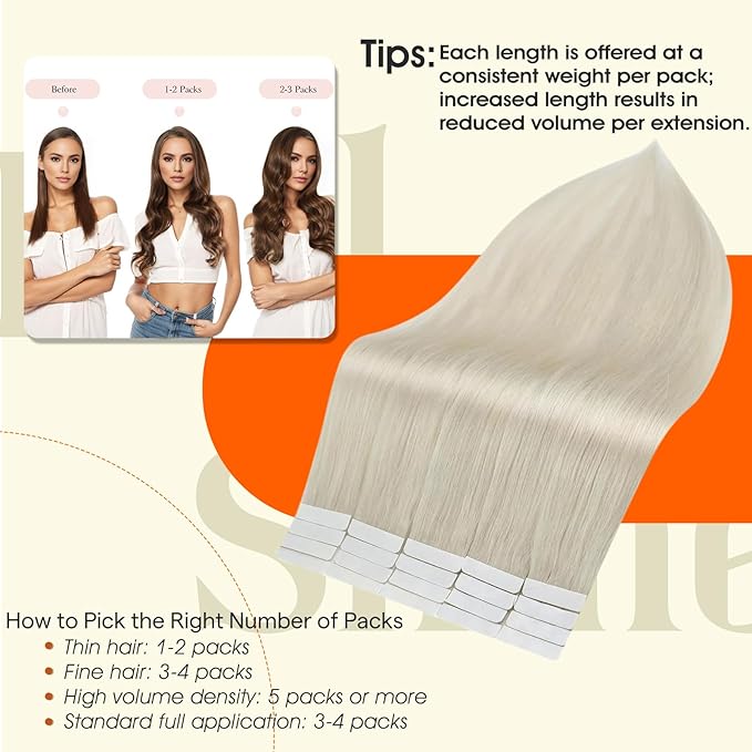 Full Shine Invisible Tape in Hair Extensions Human Hair White Blonde Human Hair Extensions Tape in 20Inch Adhesive Double Sided Extenison Seamless Skin Weft 50G 20Pcs Daily Office Look