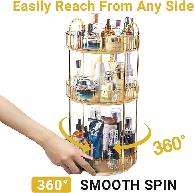 360 Rotating Makeup Organizer for Vanity,3 Tier Large Capacity Vanity Storage,Skincare Perfume Spinning Organizer,Bathroom Cosmetics Storage Makeup Stand Organizer (Gold-3 Tier)