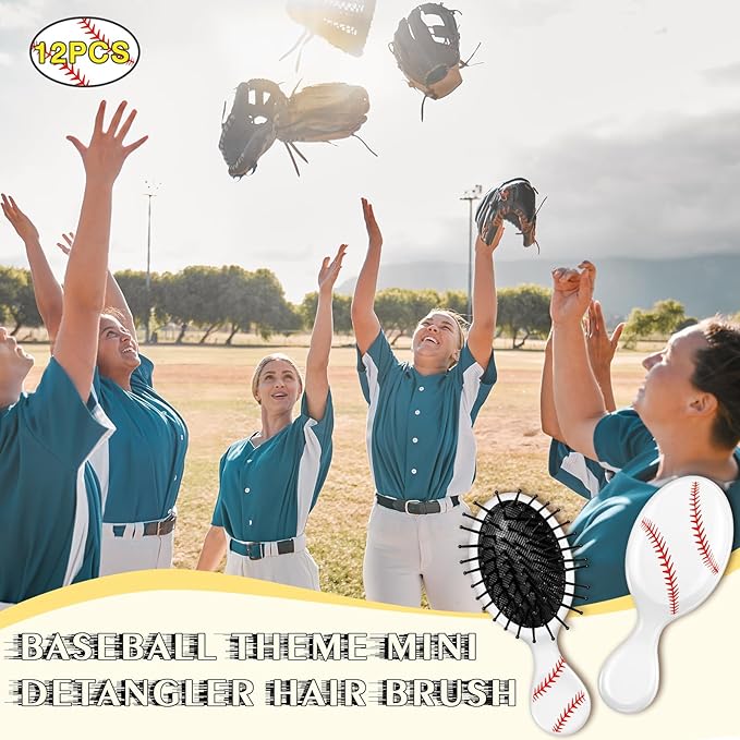 12 Pcs baseball Mini Detangler Brush, Mini Travel Hair Brush, Bristles Plastic Detangling Brush, No Tangle Soft Flexible Bristles for Straight, Curly, Thick Hair for baseballl Team Gift Sport Party