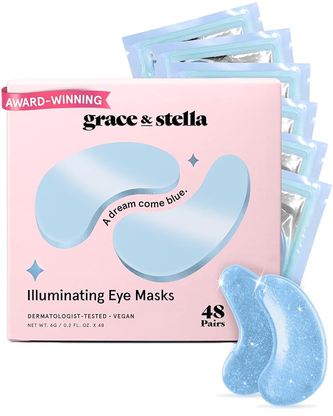 grace & stella Award Winning Under Eye Mask Reduce Dark Circles, Puffy Eyes, Undereye Bags, Wrinkles, Gel Under Eye Patches, New Mom Gifts - Vegan Self Care (48 Pairs, Blue)