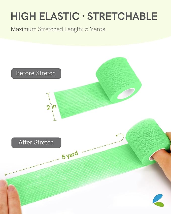 FriCARE Self Adhesive Bandage Wrap, Medical Tape in First Aid Kit, Cohesive Bandages for Wounds Sport Vet, 2 Inches X 5 Yards 6 Rolls, Fluorescent Green