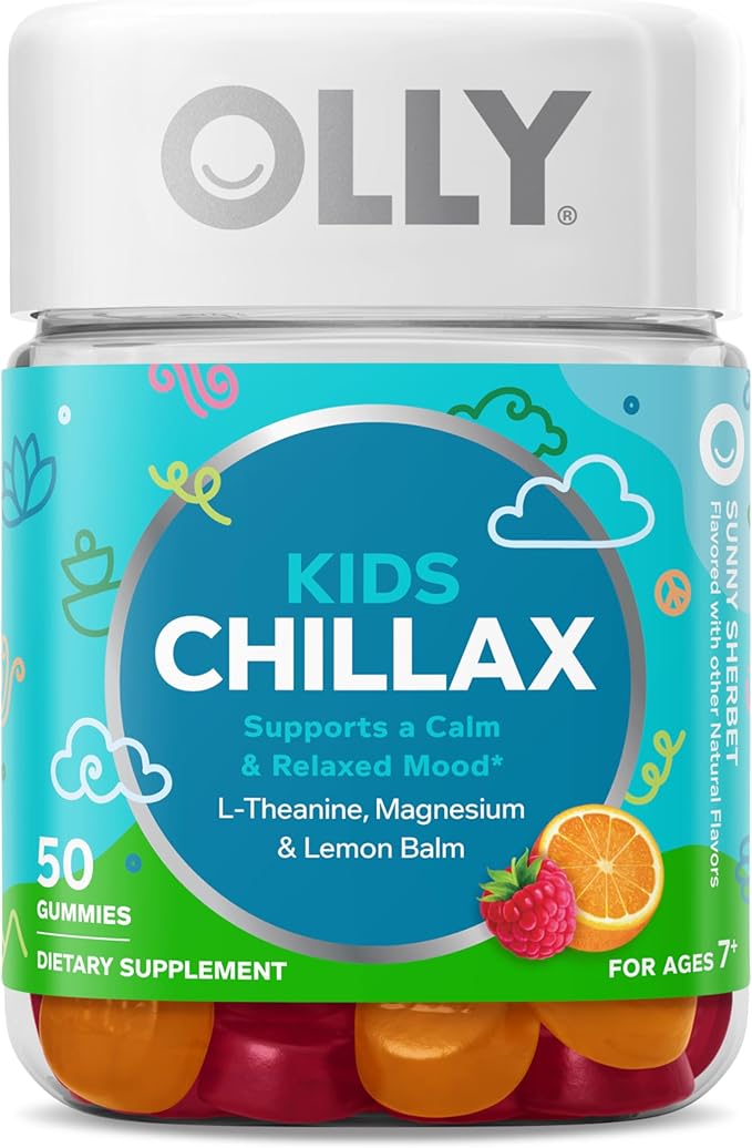 OLLY Kids Chillax Gummy, For a Calm and Relaxed Mood*, Magnesium, L-Theanine, Lemon Balm Extract, Chewable Supplement, Sherbet Flavored, 25 Day Supply - 50 Count (Packaging May Vary)