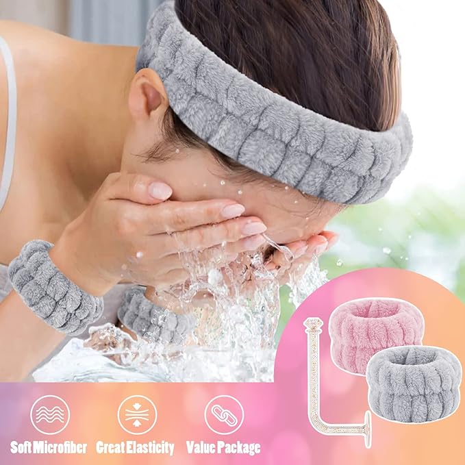 Face Washing Headband and Wristband Set of 2, Microfiber, Pink and Grey, Absorbent Spa Wristbands for Adult Women, 6 Count