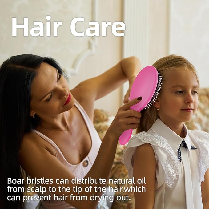 Boar Bristles Hair Brush for Women and Men, Detangling Hair Brush for Smoothing Massage Add Shine, Nylon&Boar Bristles Detangler brush for Hair Healthy (1 Pack-HotPink)