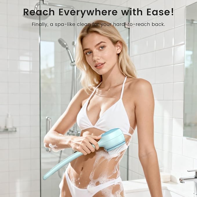 Electric Back Scrubber for Shower - Waterproof Rechargeable Exfoliating Brush for Deep Cleansing, Soft Bristles for Sensitive Skin, Dry/Wet Use for Back, Arms & Legs (Blue)