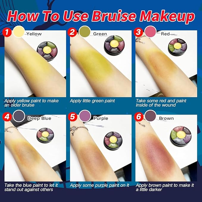 MEICOLY 3PCS 6 Color Bruise Wheel for Special Effects,Hunting Camo Face Body Paint Kit,Light Green Gamora Witch Face Paint,Trauma SFX Makeup Kit Halloween Makeup with 3pcs Stipple Sponges