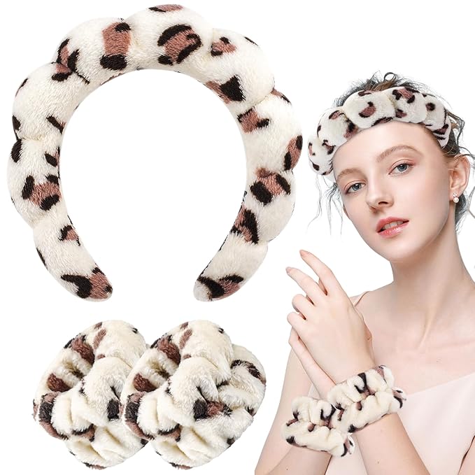Zkptops Spa Headband for Washing Face Wristband Set Sponge Makeup Skincare Headband Wrist Plush Bubble Get Ready Hairbands for Women Puffy Headwear Non Slip Thick Thin Hair Accessory(Beige Leopard)