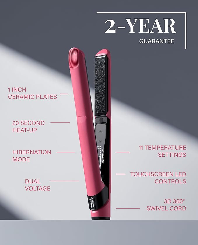 GLAMPALM Hair Straightener 1" Ceramic flat iron Infused with Vita C, Korea's No.1 Professional Salon Tool, 3D Swivel Cord&Dual Voltage, Digital LED(210°–450°), Gifts for valentine's day, Pink (GP201T)