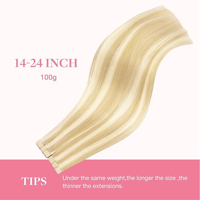 GOO GOO Tape in Hair Extensions Human Hair, 18D/22F Dirty Blonde Highlights, 20inch 100g 40pcs, Skin Weft Seamless Invisible, Silky Straight with Thick Ends, Remy Human Hair