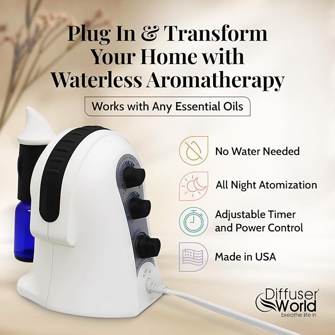 1000 Sq Ft Waterless Diffuser for Essential Oils, Made in USA Black Waterless Aroma Atomizer for Home Large Room Fragrance, Home Scent Machine, Air Aromatherapy with Adjustable Timer