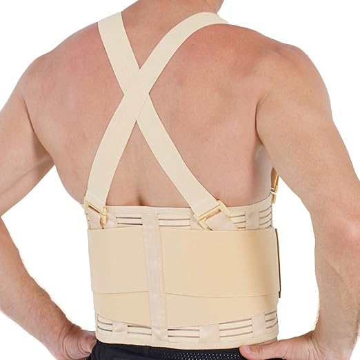 NeoTech Care Back Brace with Suspenders for Work - Industrial Lifting Safety, Elastic Compression, Hook & Loop Closure (Beige, Size L)