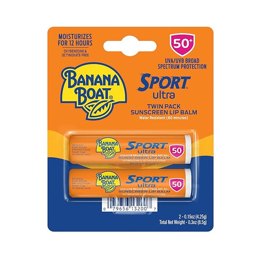 Banana Boat Sport Ultra SPF 50 Lip Sunscreen Twin Pack, Banana Boat Lip Balm SPF 50, Lip Sunblock, Travel Size Sunscreen for Lips, 2 Pack