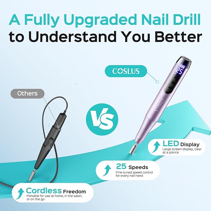 COSLUS Electric Cordless Nail Drill: Professional Nail File with LED Screen & 25 Speeds for Acrylic Gel Dip Powder Removal, Beginner-Friendly for Home DIY & Salon, Portable for Travel, C51, Purple