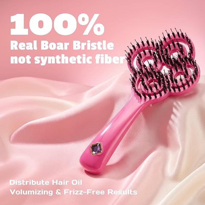 SIMETRA Lucky Hair Brush for Women, 14K Gold Plated Wet Brush Detangling Brush for All Hair Types, Natural Crystal Inlay Boar Bristle Hair brush, Curly Detangler HairBrush for Scalp Massage Gift