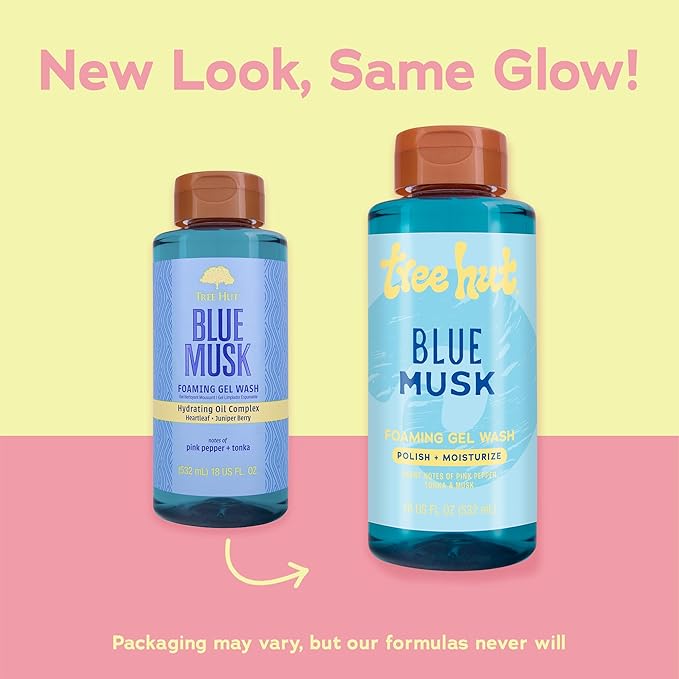 Tree Hut Blue Musk Foaming Gel Wash, Hydrating & Moisturizing Body Wash with Shea Butter & Nourishing Essential Oils, Daily Cleanser for Soft Smooth Skin, 18 fl oz