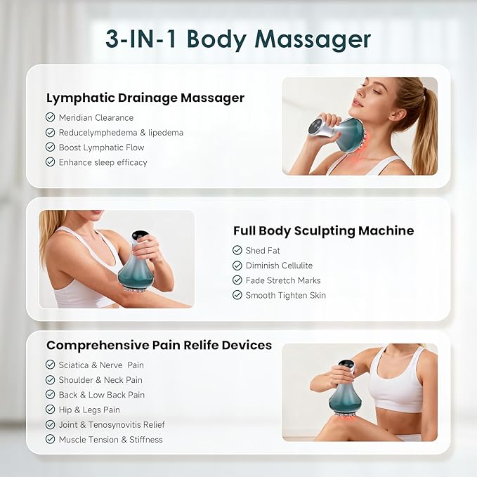 Lymphatic Drainage Massager, Anti-Cellulite Massager For Body Cellulite and Thigh & Belly Stretch Marks Reduction, Handheld Massage tools for lymphedema & lipedema, Sciatica Nerve pain relief Devices