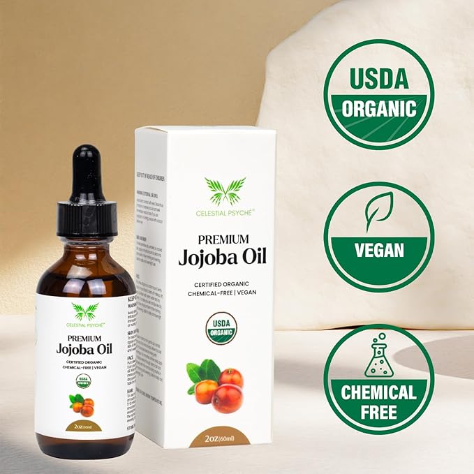 Celestial Psyché USDA Certified Organic Jojoba Oil (2 Oz) 100% Pure Natural, Chemical-Free, Hexane-Free, Hair Growth, Scalp Care, Skin Hydration, Nails Natural Beauty Enhancement, Anti-Aging