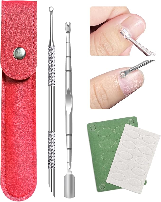 Cuticle Pusher, Pre-treatment Cuticle Pusher, Stainless Steel Loop Cuticle Pusher Dead skin fork, Cuticle Nail Tool with 100#/240# Grit Nail Files and 1 Pcs Storage Bags, For Salon & Home Use (2 Pack)