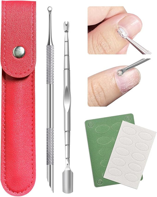 Cuticle Pusher, Pre-treatment Cuticle Pusher, Stainless Steel Loop Cuticle Pusher Dead skin fork, Cuticle Nail Tool with 100#/240# Grit Nail Files and 1 Pcs Storage Bags, For Salon & Home Use (2 Pack)