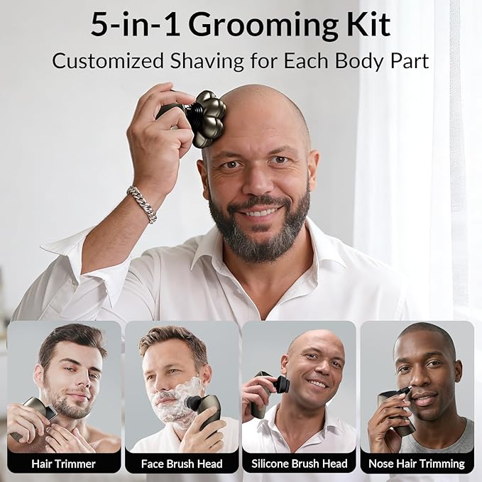 Head Shavers for Bald Men - 7D Arc Electric Razor with Magnetic Detachable Head, Waterproof Wet Dry 5-in-1 Electric Shaving & Grooming Kit, LED Display Rechargeable Head & Body Hair Shaver, Grey