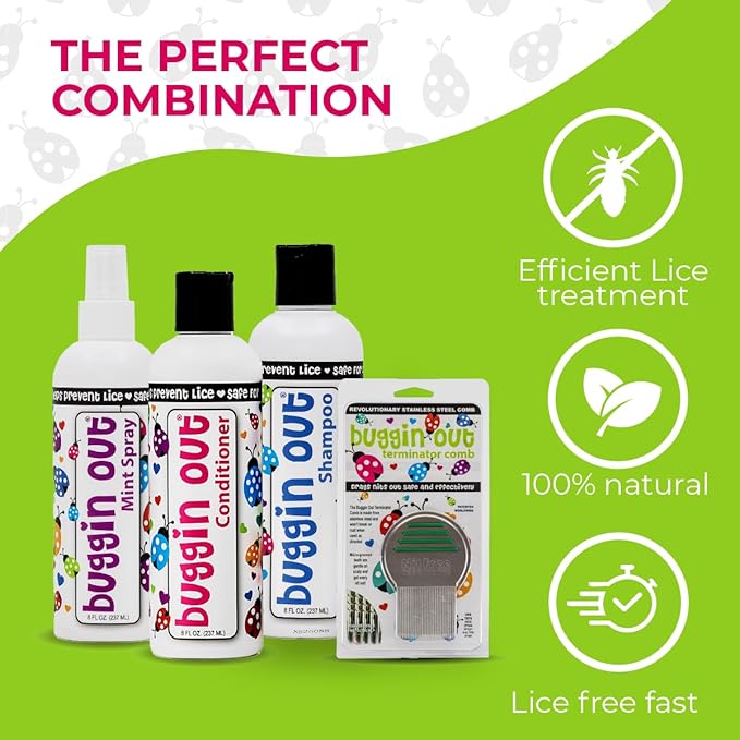 buggin out Daily Care Kit – Shampoo, Conditioner, Mint Spray and Comb for Routine Hair and Scalp Maintenance – Safe for Kids and Adults – Gentle Formula for Lice-Related Hair Care – All Hair Types