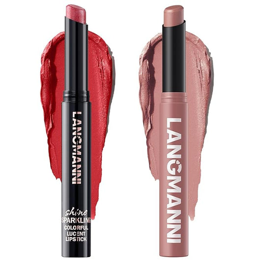 Jolilab 2Pcs Glitter Lip Kit - Velvet Matte & Nude Matte Lipstick + Glitter Lip Gloss/Glitter Lipstick High Pigmented Long-Lasting Waterproof Beauty Cosmetics Gift for Women(#02+01)