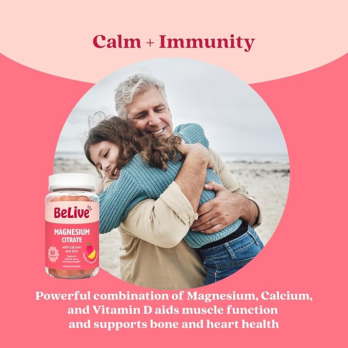 BeLive Magnesium Citrate Gummies with Calcium and Zinc for Adults and Kids - High Absorption Magnesium Supplement for Cognitive, Bone, Muscle and Nerve Health - Raspberry Lemonade - 120 Count