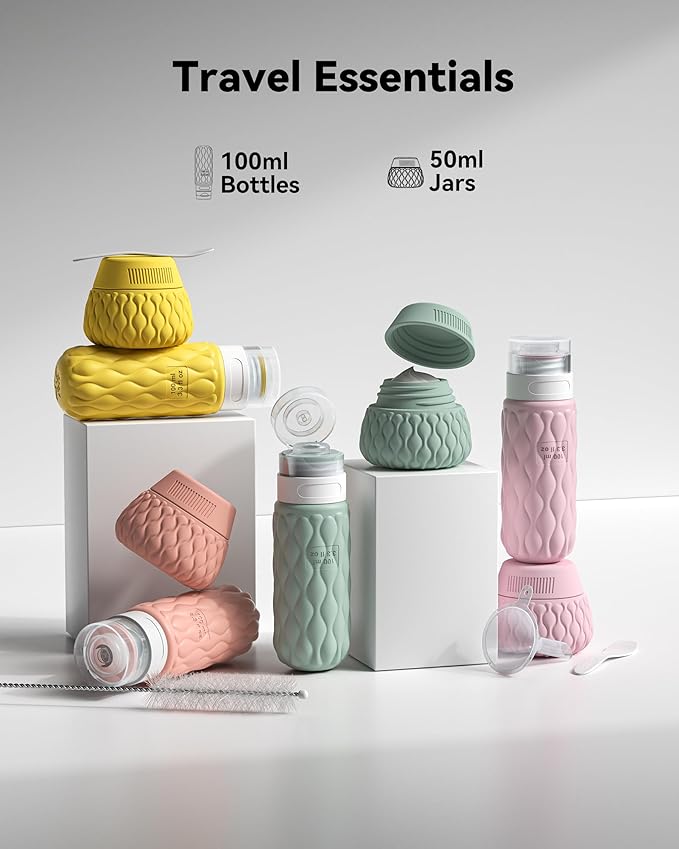 Silicone Travel Bottles for Toiletries 8 Pack Travel Size Toiletries 3.4 oz 1.7 oz, Leakproof Squeeze Travel Size Containers Refillable Cosmetic Jars Set for Shampoo, Conditioner, Creams