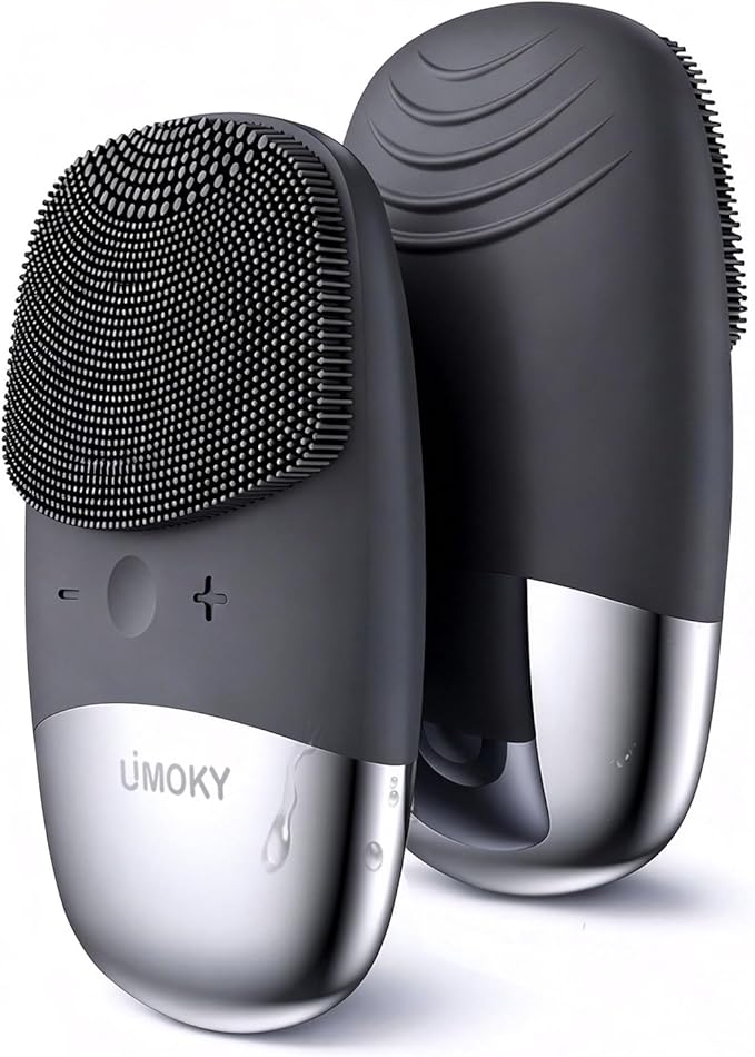 Facial Cleansing Brush, 3-in-1 Electric Silicone Face Scrubber, Vibrating Massager, IPX7 Waterproof, USB Rechargeble Pore Brush for Deep Cleanning, Blackhead Remover, Exfoliating (Gray)