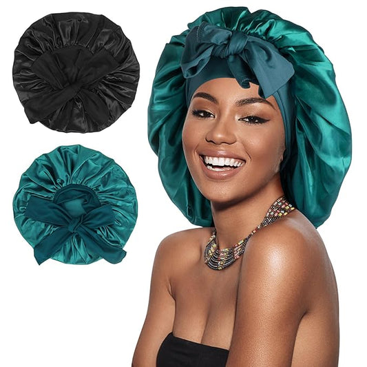 Arqumi 2 Pcs Satin Silk Bonnet for Sleeping Women, Large Long Strap Tie Band Adjustable Sleep Night Cap Hair Bonnet Wrap for Men, Black+Dark Green