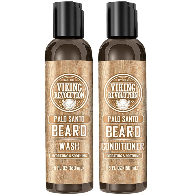 Viking Revolution Beard Wash and Beard Conditioner for Men with Argan Oil and Jojoba Oil - Beard Softener and Strengthener Beard Care Beard Shampoo and Conditioner with Ginseng Root (5oz, Palo Santo)