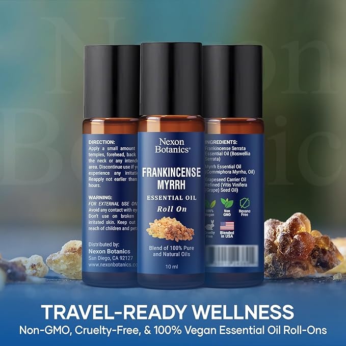 Frankincense & Myrrh Essential Oil Roll-On 10ml - 100% Pure, Natural & Prediluted Oil Blend for Aromatherapy & Skin Care - Nexon Botanics