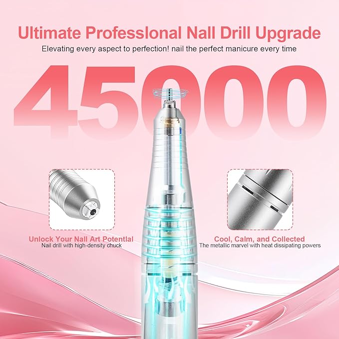 Electric 45000RPM Nail Drill Machine Rechargeable Portable Nail File Electric DIY Nail Drill Kit with Smart LCD Screen for Gel Nail Manicure and Pedicure Reflective Body etc (Gradient)