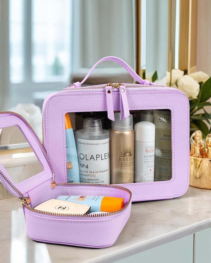 LETGO Clear Makeup Bags Set - TSA Approved Toiletry Bag with Handle Large Opening, Clear Toiletry Bags Case Pouch for Travel Essentials Car Accessories for Women Men (0-2Pack-Purple)
