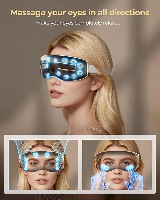 Eye Massager with Heat and Cooling, Integrated Smart Sleep Mask with Nose Rest and Soft Silicone Massage Head, 4 Massage Modes for Migraines, Dry Eye, Dark Circles,Bluetooth Music, Gift for Men Women