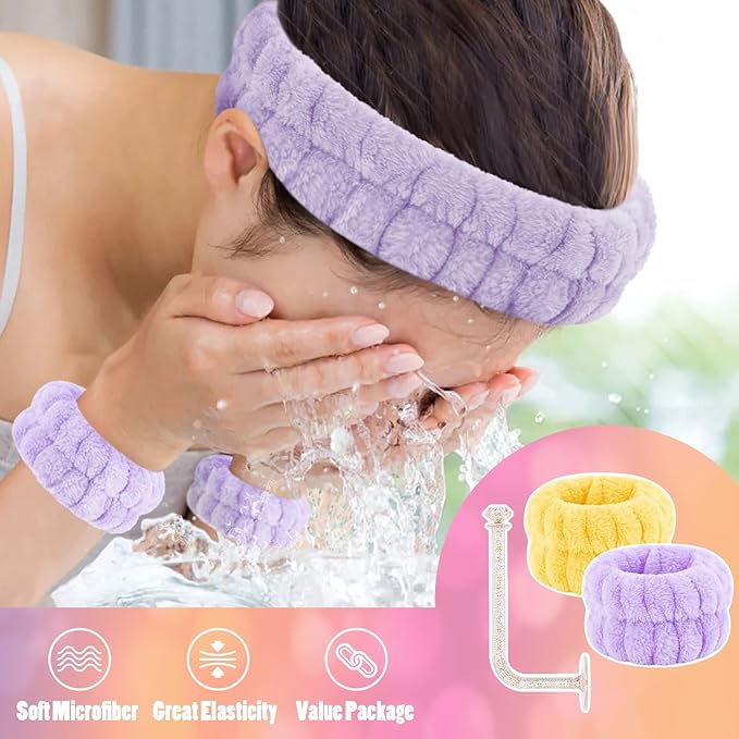 Face Wash Headband and Wristband Set of 2, Purple and Yellow, Microfiber, One Size, with Holder for Washing Face, Absorbent Spa Wristbands